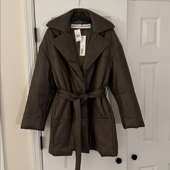 Nour Hammour Jackets & Blazers - Nour Hammour Brown Leather Belted Winter Jacket